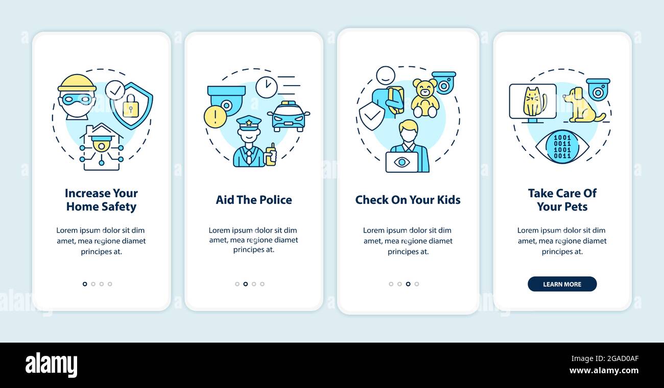 Home security systems onboarding mobile app page screen Stock Vector