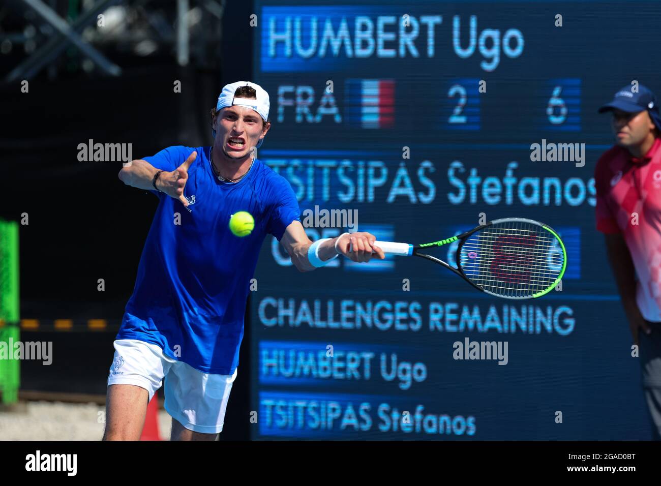 Tokyo, Japan, 28 July, 2021. Ugo Humber plays a shot during the Men's Tennis Round 3 match between Ugo Humbert of France and Stefanos Tsitsipas of Greece on Day 5 of the 2020 Tokyo Olympic Games (Photo by Pete Dovgan/Speed Media/Alamy Live News) Stock Photo
