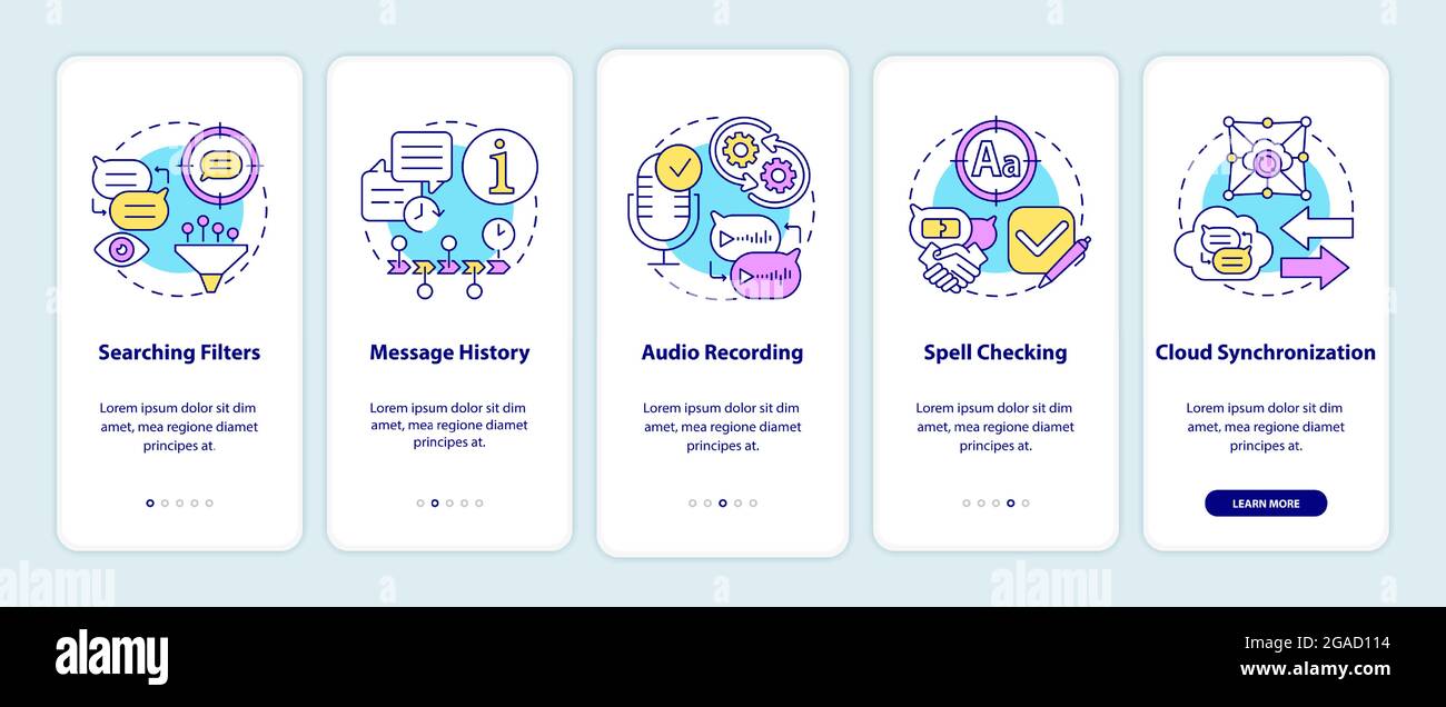 Best messaging feature onboarding mobile app page screen Stock Vector