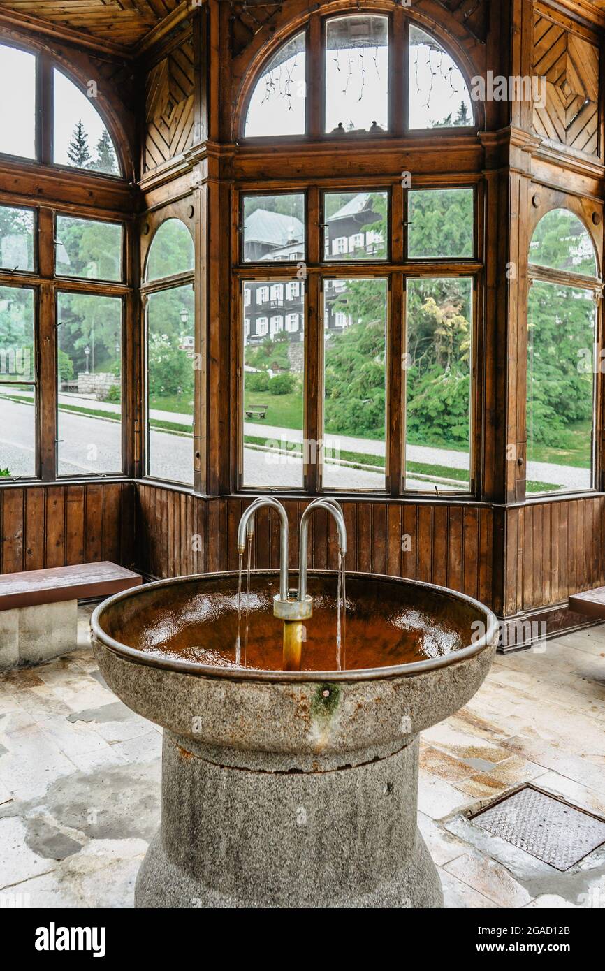 Drinking Pavilion with therapeutic mineral water from healing spring in Karlova Studanka,Czech Republic.Healthy pure water in famous spa town.Natural Stock Photo