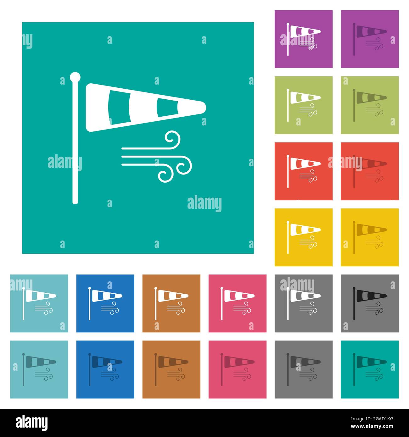 Windsock indicator with wind solid multi colored flat icons on plain square backgrounds. Included white and darker icon variations for hover or active Stock Vector