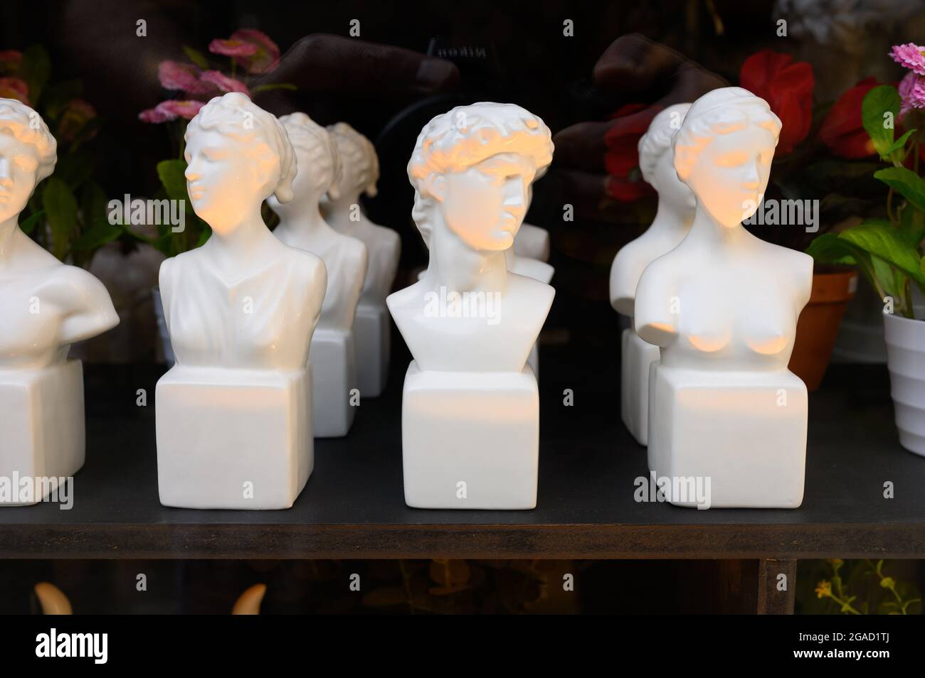 Miniature ceramic busts in a shop window. Stock Photo