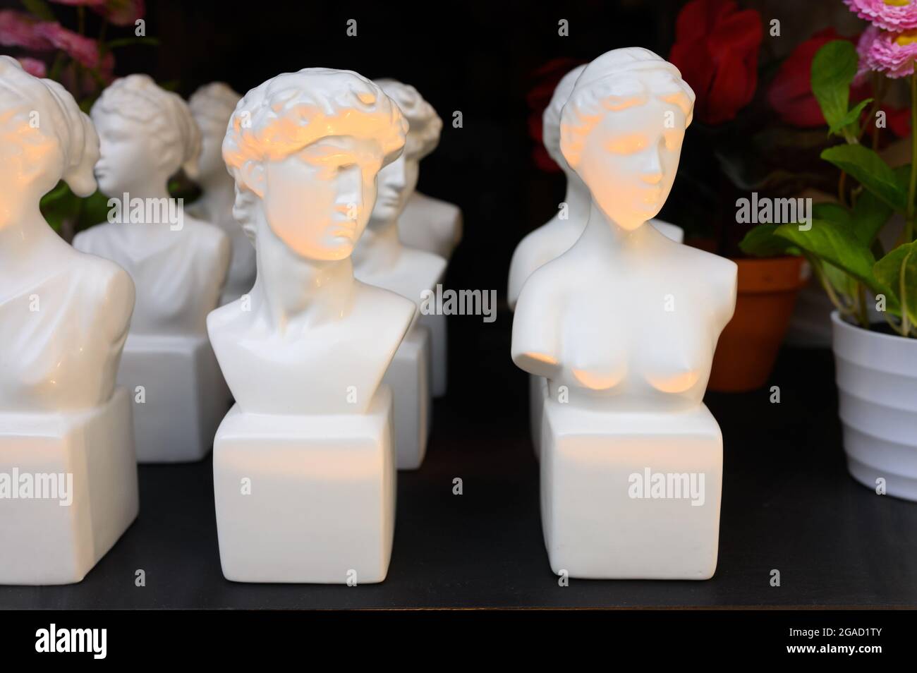 Miniature ceramic busts in a shop window. Stock Photo
