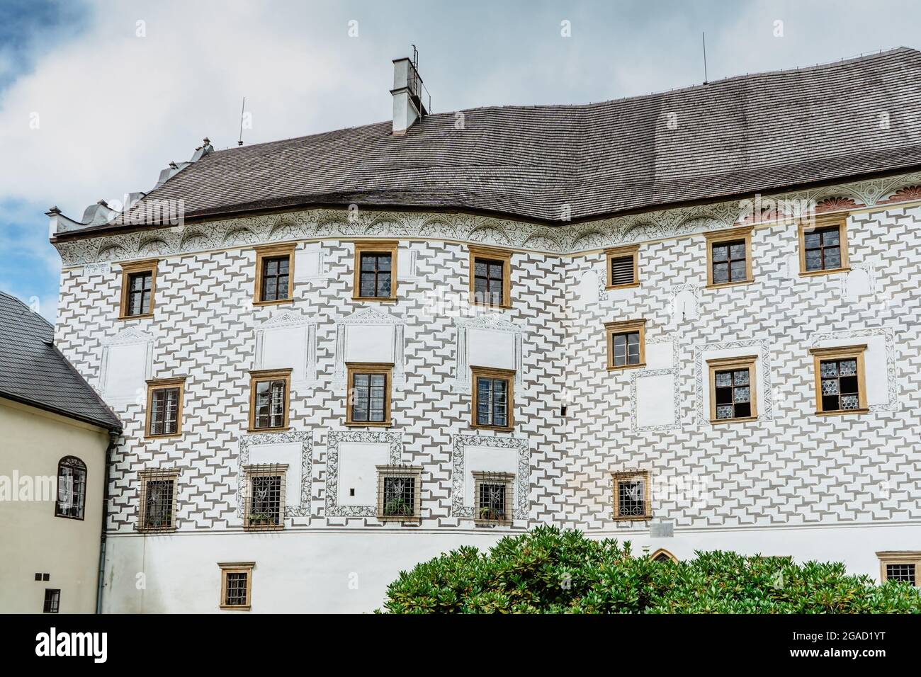 Velke Losiny, Czech Republic-July 12,2021. Castle in Czech spa town,East Bohemia,Jeseniky Mountains.Romantic Renaissance chateau with sgraffito Stock Photo