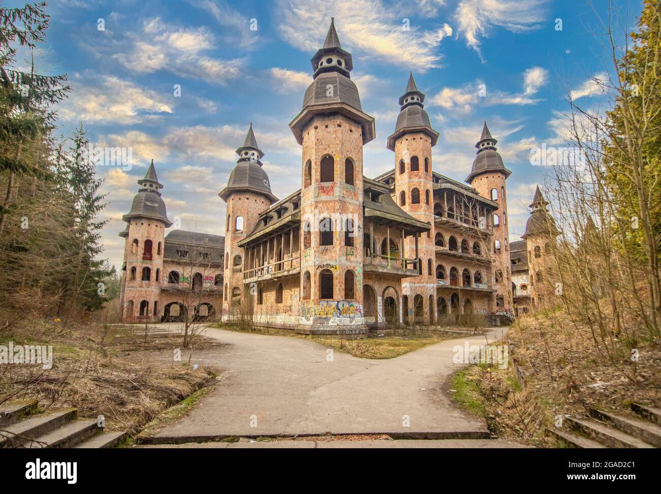 Built in 1983 but never finished, the ruins of Łapalice Castle are an interesting tourist attractions in northern Poland. Here its externals Stock Photo