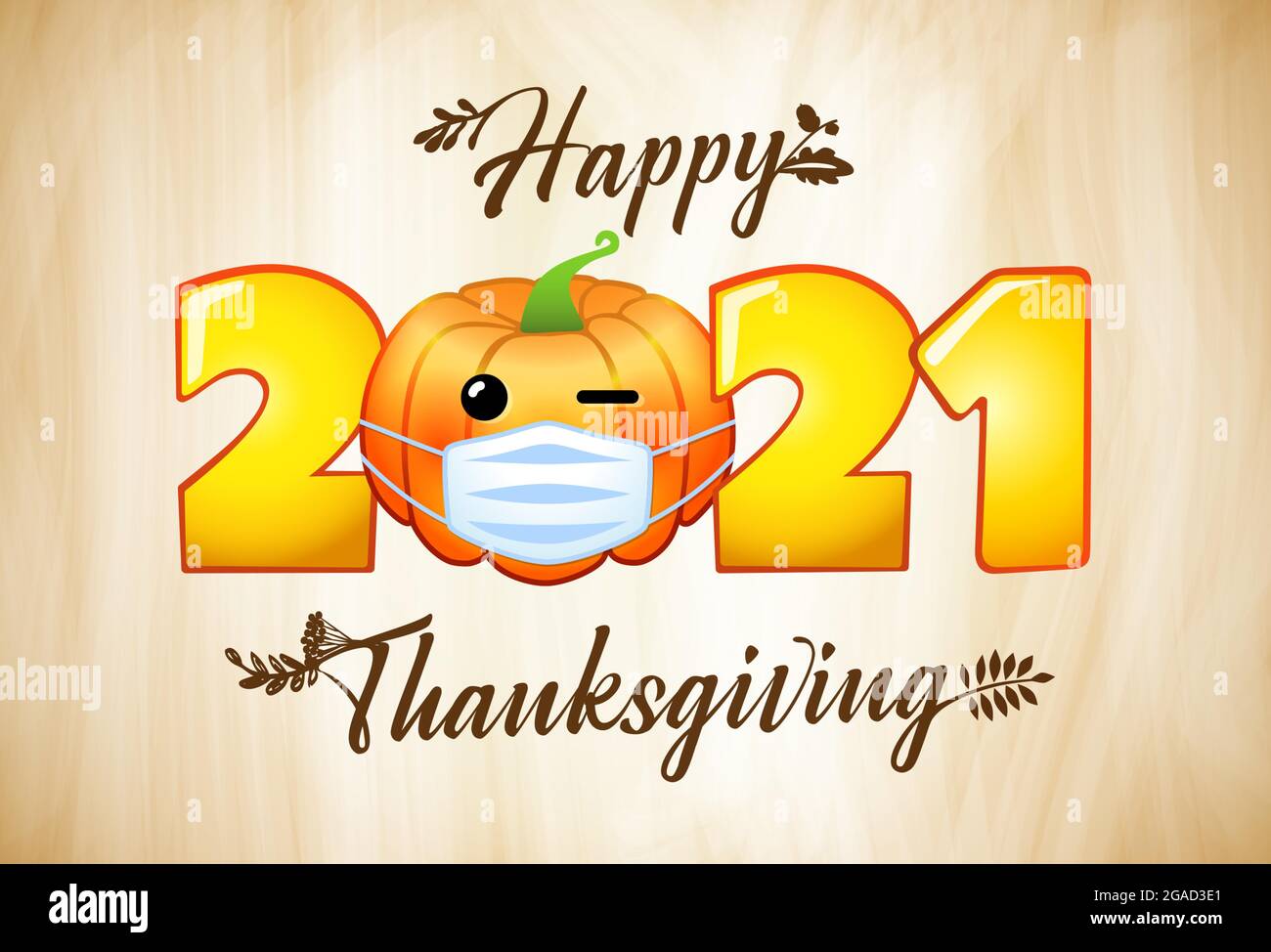 2021 Happy Thanksgiving calligraphy lettering with pumpkin emoji in medical mask. Seasonal decorative vector banner with bright orange pumpkin with ha Stock Vector