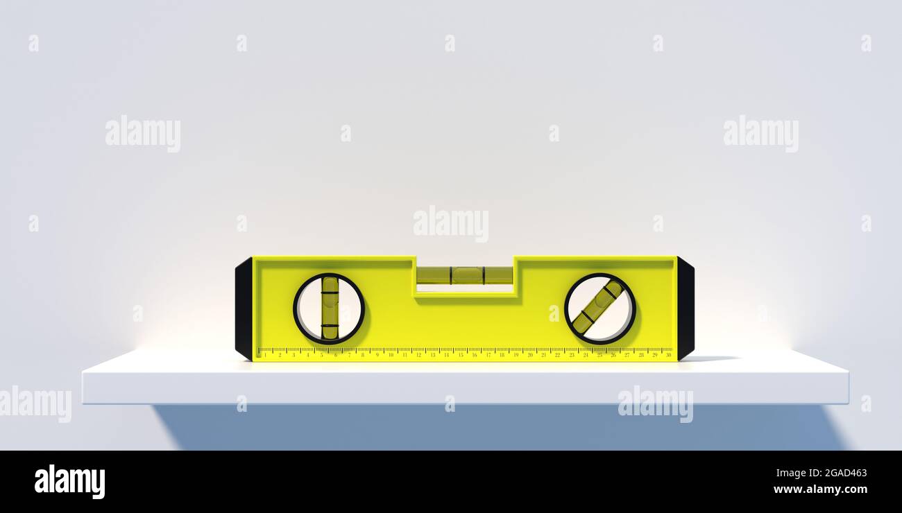 Spirit or bubble level on a horizontal wall shelf isolated on white ...