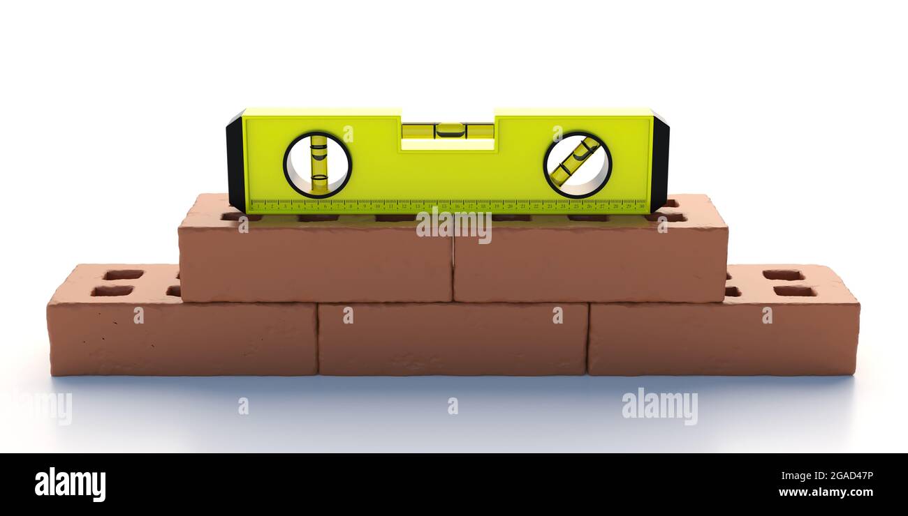 Brick masonry and spirit bubble level. Yellow color level instrument