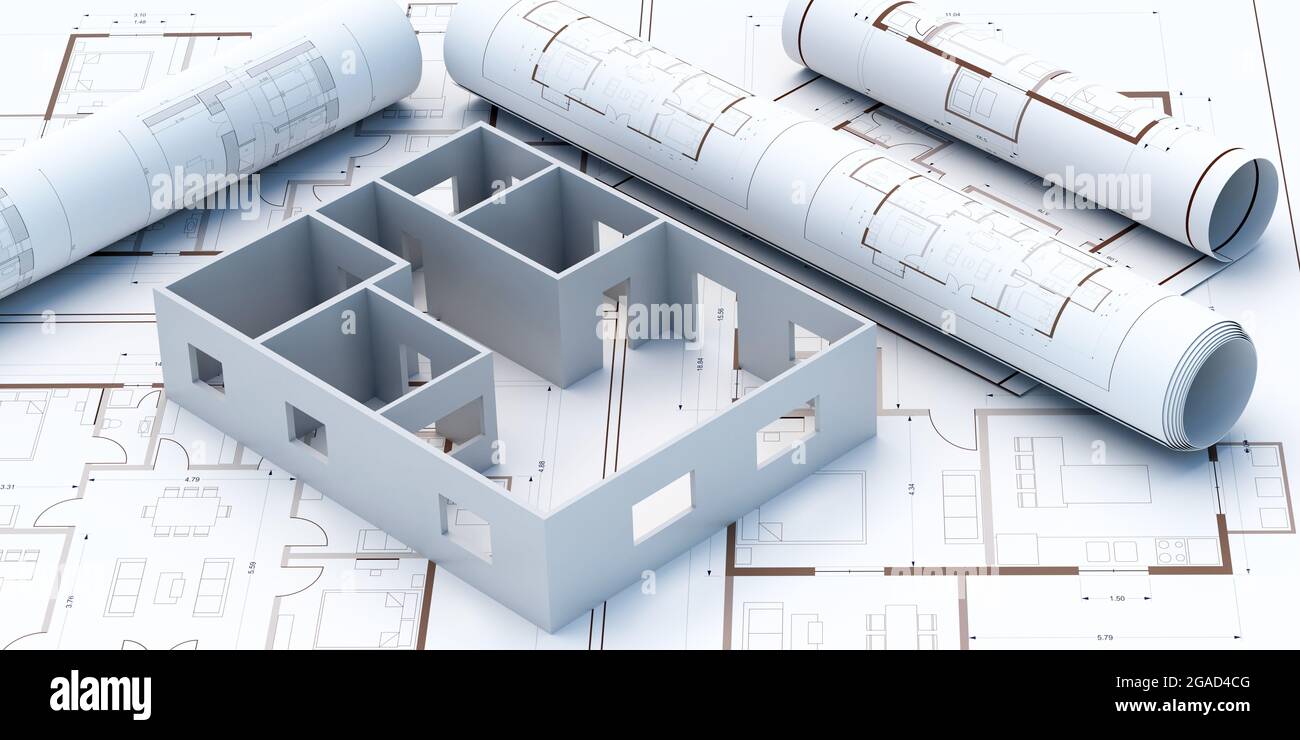 Building project architecture blueprint plans and house model. Real