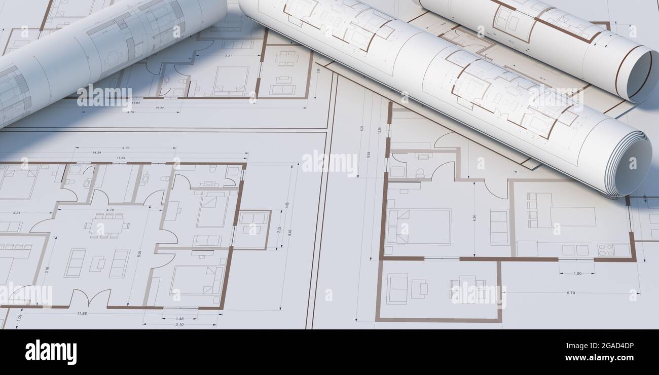 Architecture blueprint background. Real estate, housing project construction, engineering design concept. Residential building drawing plans, space, a Stock Photo