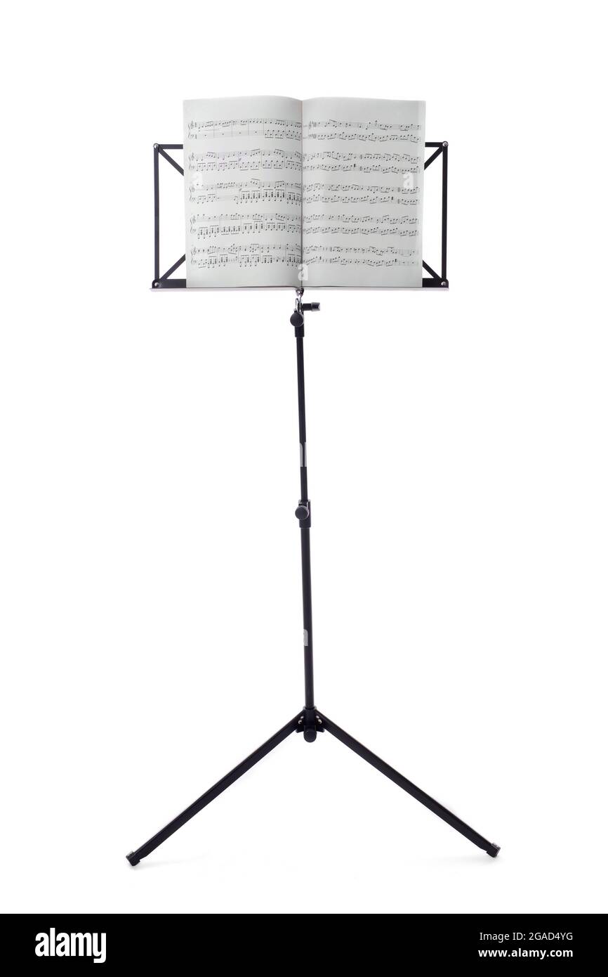 Music sheets on stand isolated on white Stock Photo Alamy