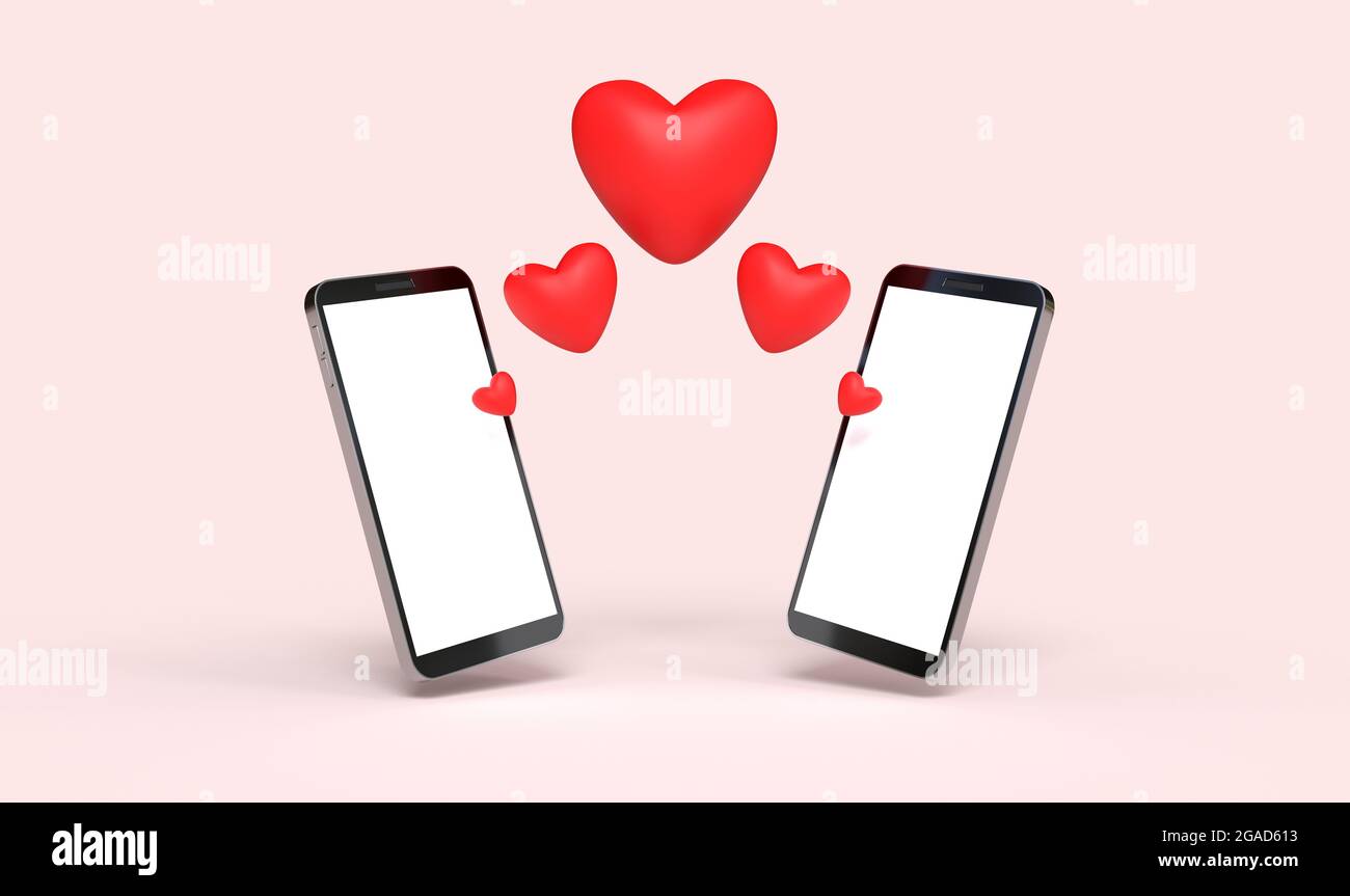 smartphones with hearts for online dating. Pink background - 3D Rendering Stock Photo