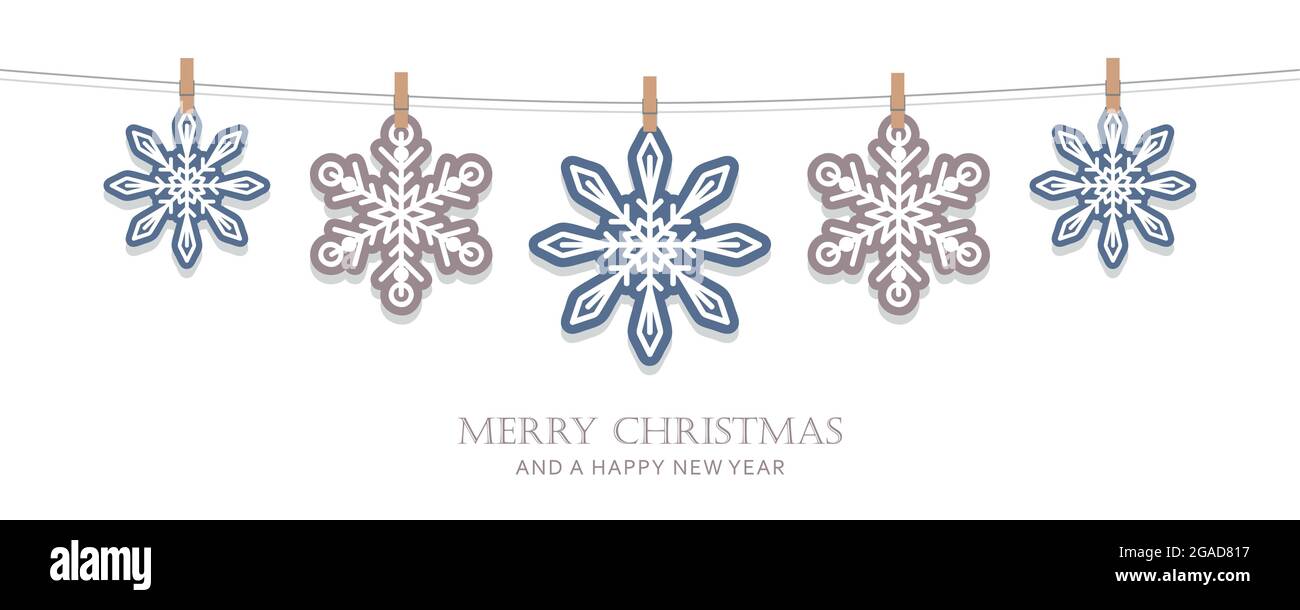 blue and white hanging snowflakes christmas card Stock Vector