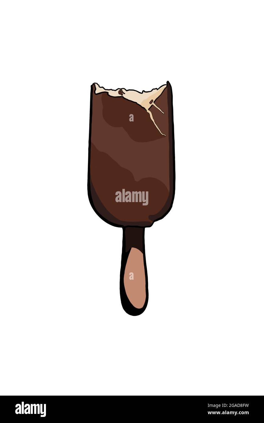 Bitten milk chocolate ice cream bar on a stick white background Stock