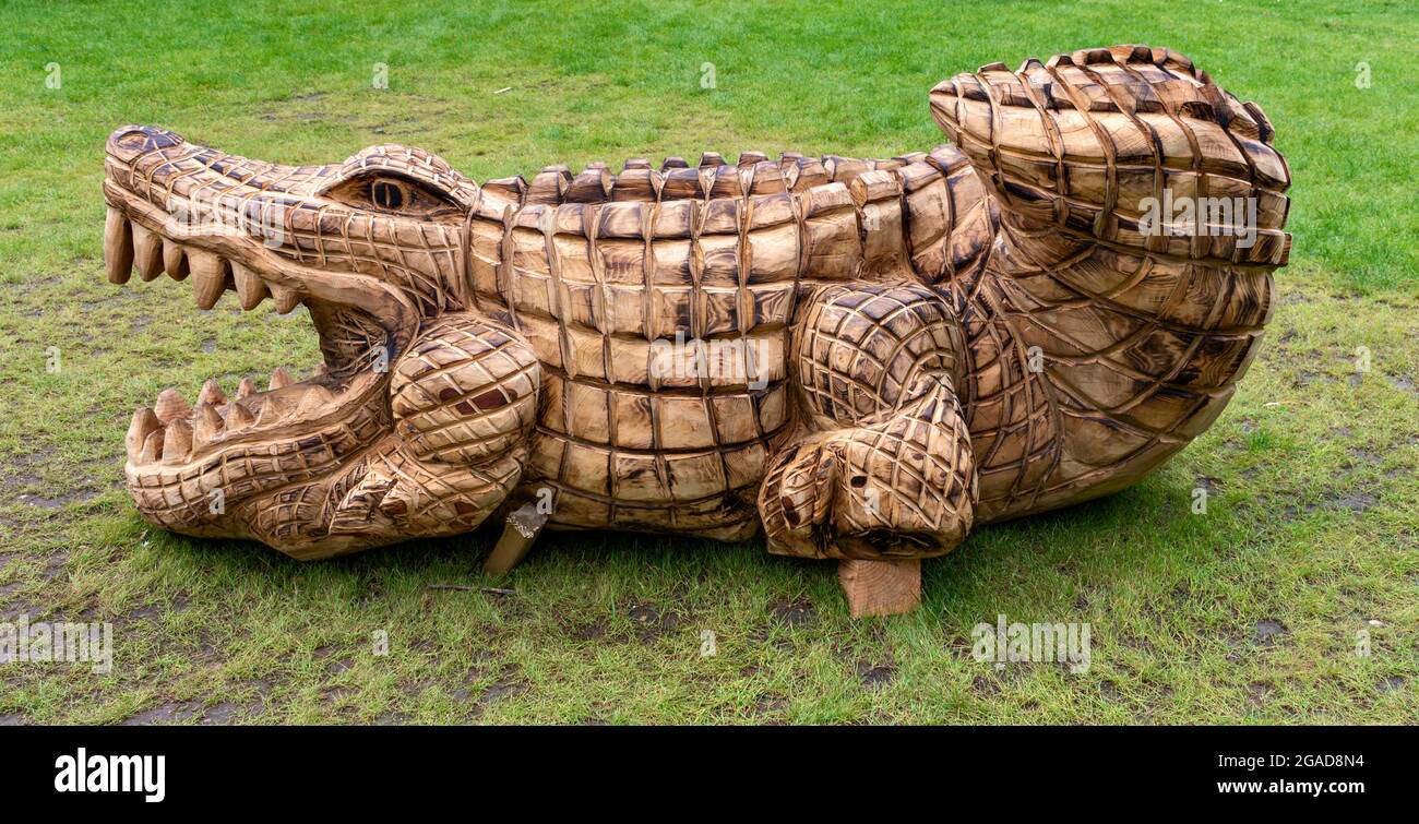 CAMBRIDGE ENGLAND UNIVERSITY BOTANIC GARDENS A CARVED WOODEN CROCODILE