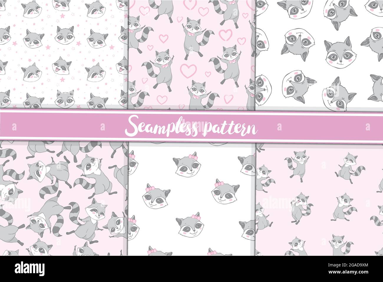 Seamless pattern with cute baby raccoons. Kids vector background Stock ...
