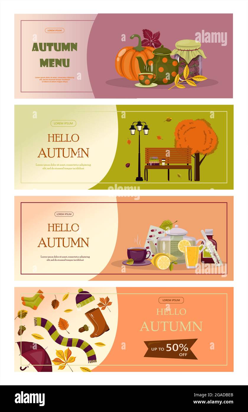 Bright vector autumn sales banner. Advertising, shopping discount promotion. Flat design illustration.Template backgrounds with pupmkin pie, hot Stock Vector