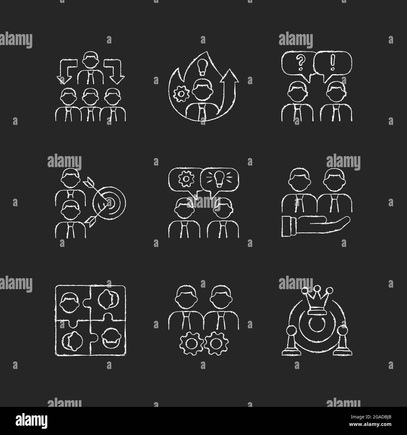 Team working chalk white icons set on dark background Stock Vector