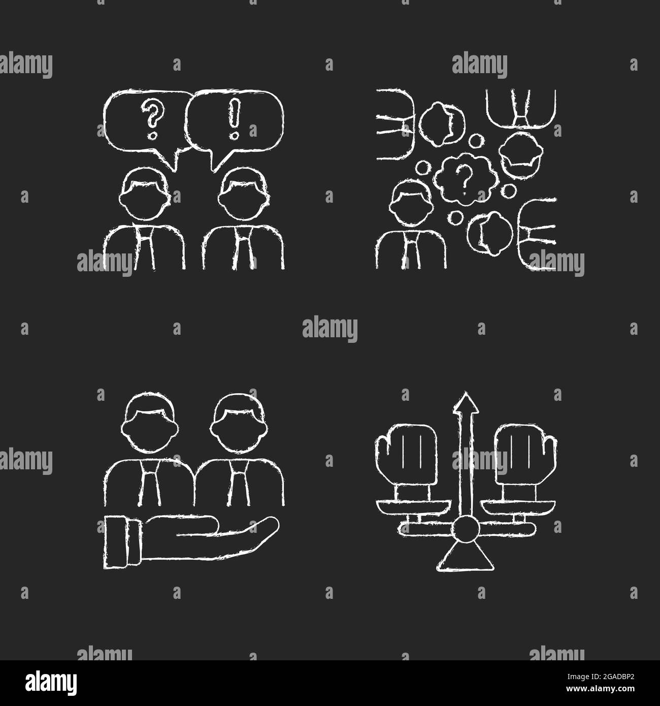 Collective work chalk white icons set on dark background Stock Vector