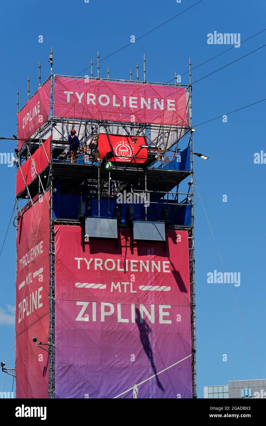 The zipline (tyrollienne) in Montreal Old Port (Vieux Port), Quebec, Canada Stock Photo