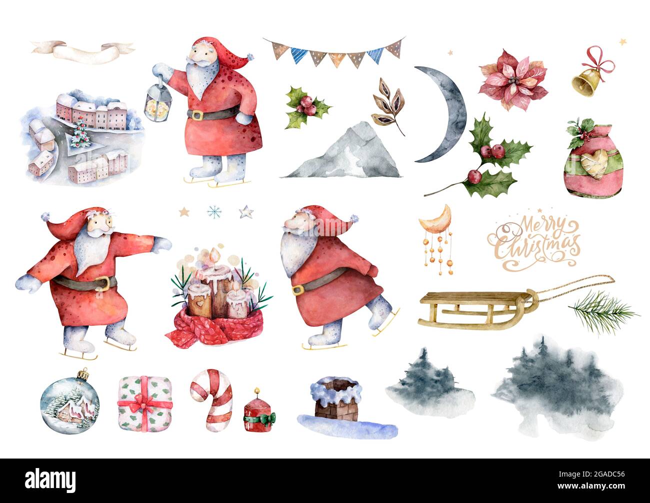 Santa Claus ride on reindeer, sleigh, run with bag, give gift box, fall  down the chimney, hold Christmas tree character design set. Watercolor  Stock Photo - Alamy