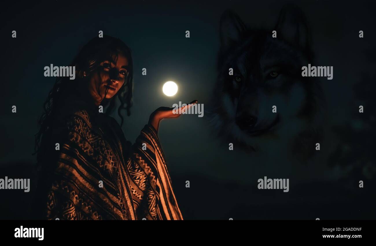 beautiful woman and wolf at the moon Stock Photo - Alamy