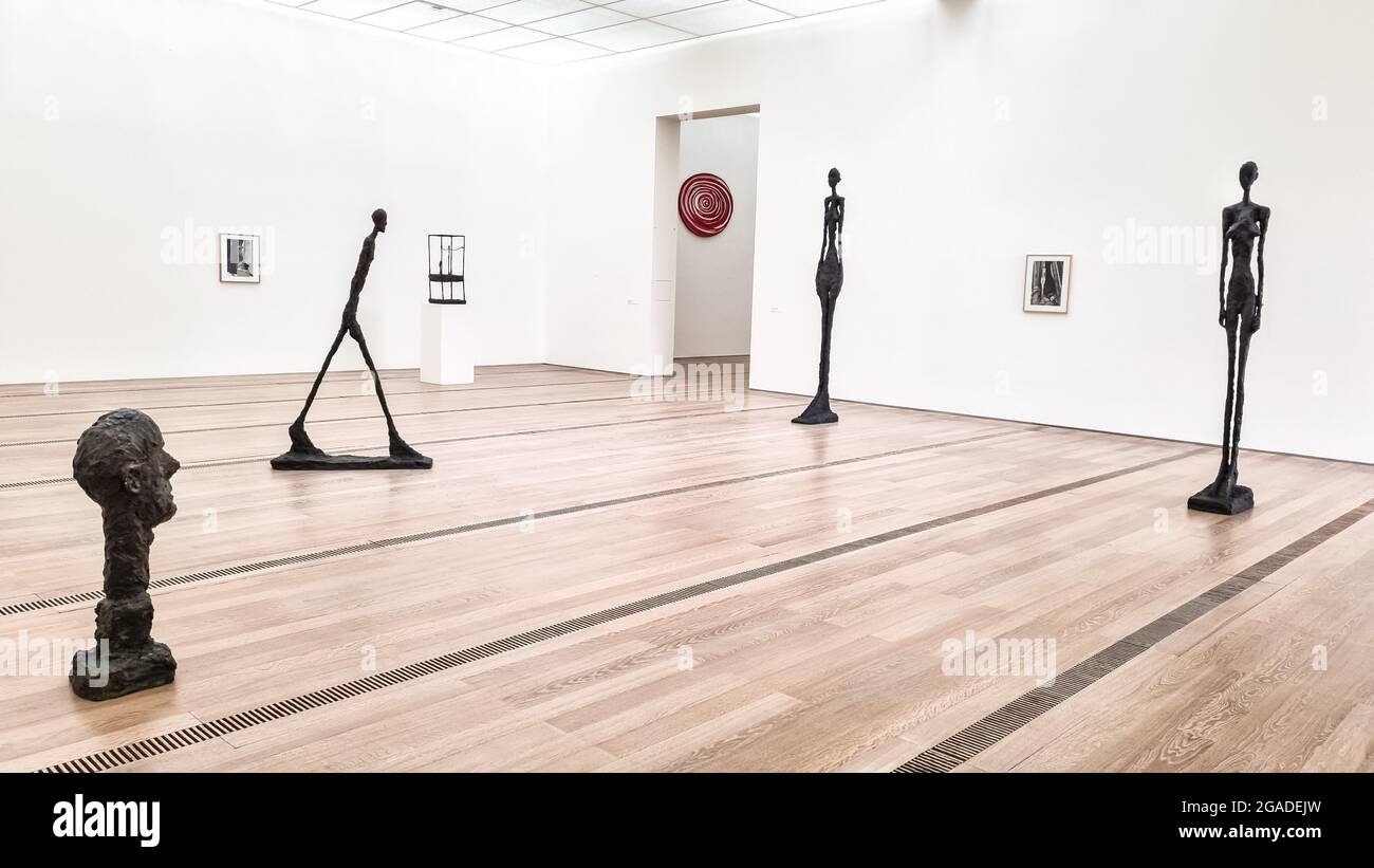 Giacometti sculpture works in exhibition in Fondation Beyeler in Riehen, Switzerland. July 2021. Stock Photo