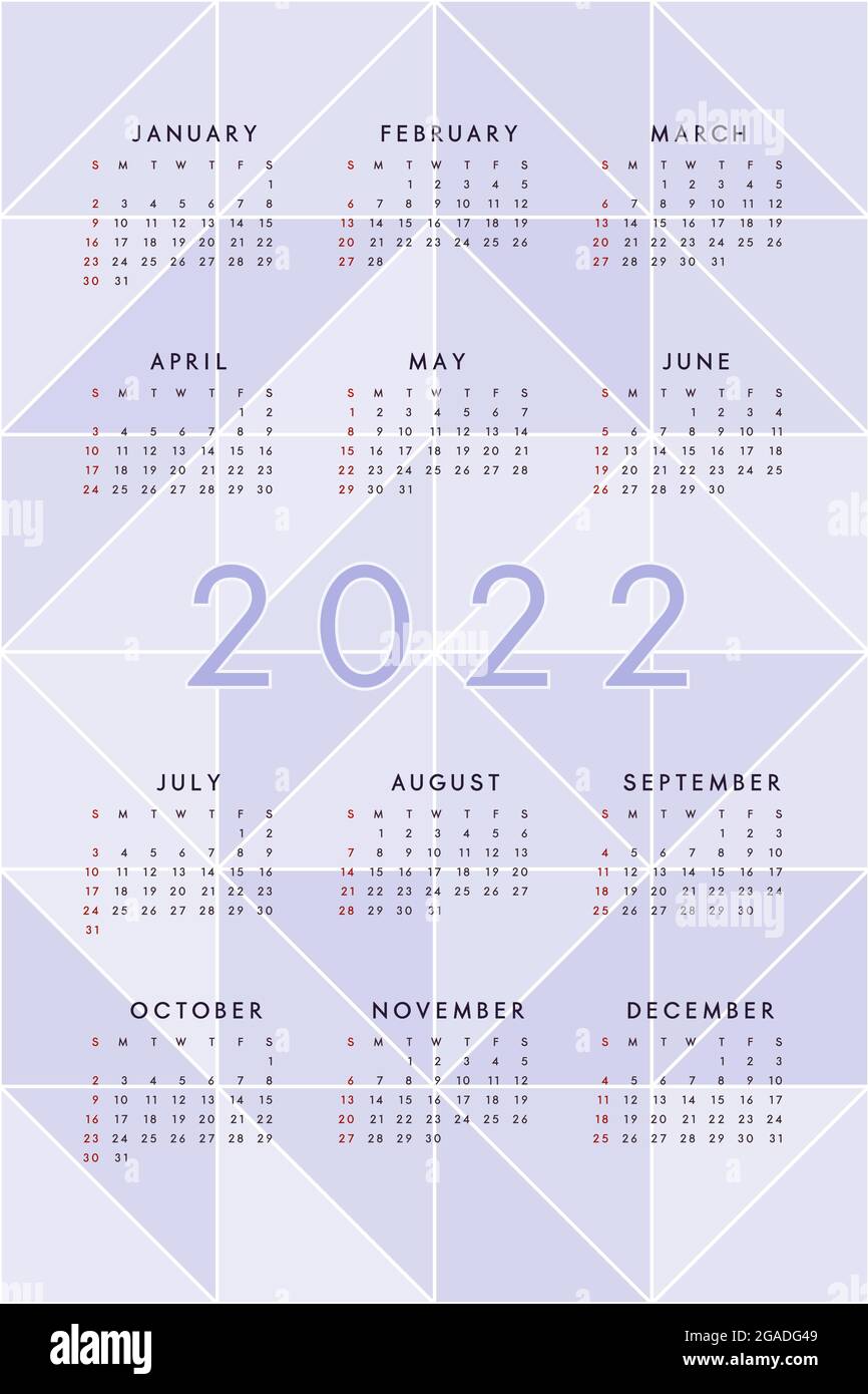 2022 Calendar Template On Purple Abstract Background With Translucent Triangles. Calendar Design For Print And Digital. Week Starts On Sunday Stock Vector Image & Art - Alamy