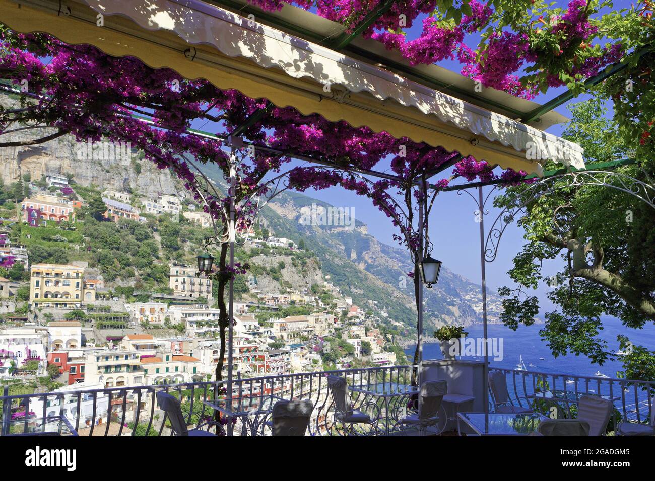 Relaxing View of Positano froma Balcony, Amalfi Coast, Campania, Italy Stock Photo