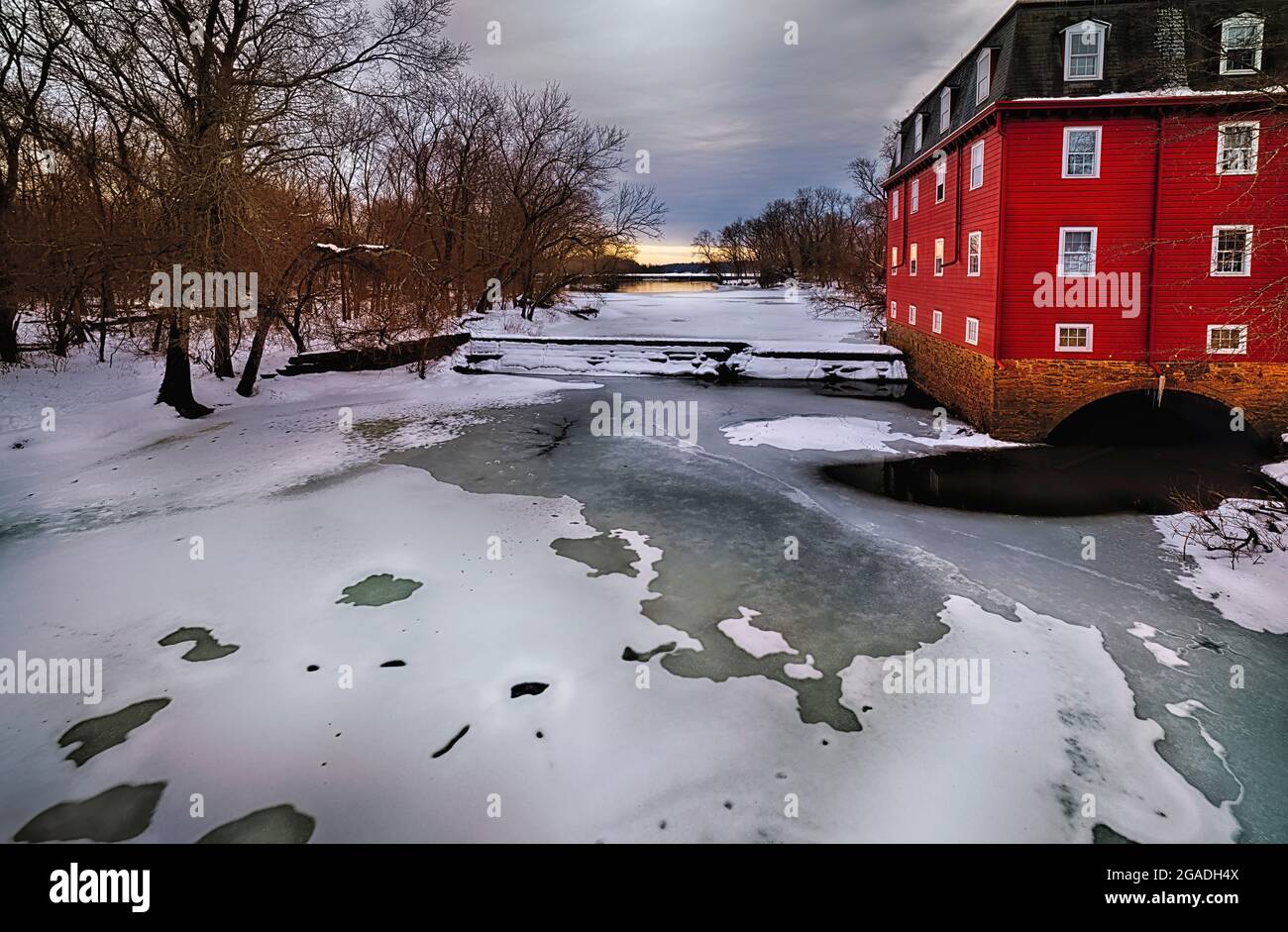 Winter Landscape with the Kingston Gristmill at the Lake Carnegie Dam, New Jersey, USA Stock Photo