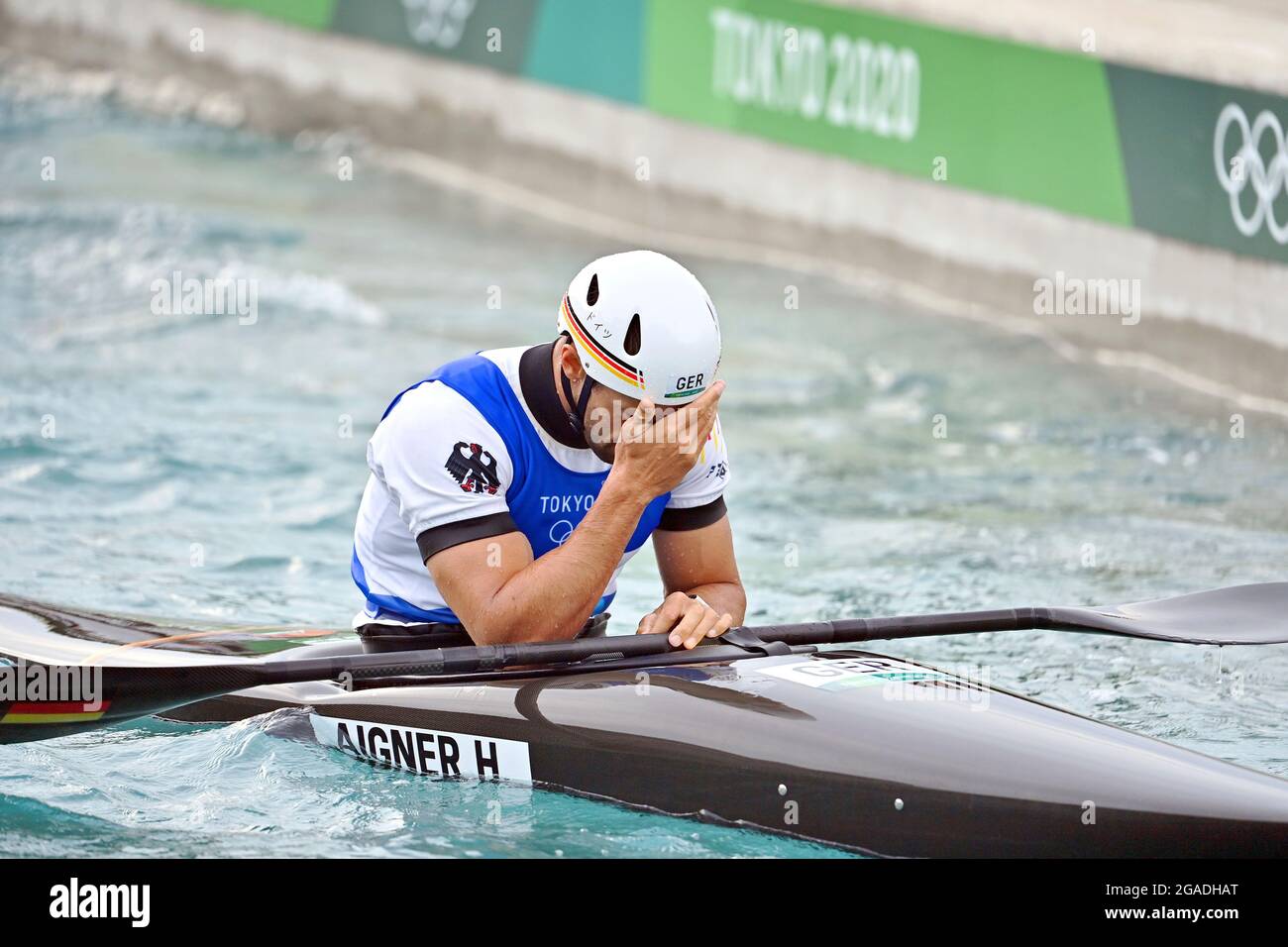 Tokyo, Japan. 30th July, 2021. Hannes AIGNER (GER), in the finish, action,  disappointment, frustrated, disappointed, frustratedriert, dejected, 3rd  place, Kajak Eine Maenner, Men`s Kayak, Men, Canoe Slalom, Canoe Slalom,  Whitewater on 07/30/2021,
