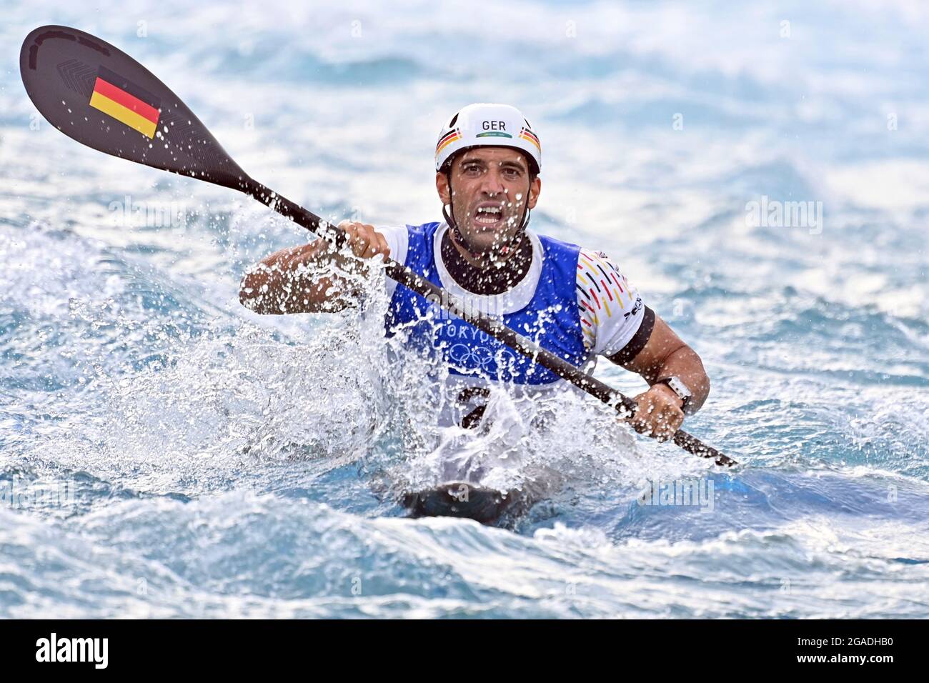 Tokyo, Japan. 30th July, 2021. Hannes AIGNER (GER), in the finish, action,  3rd place, Kajak Eine Maenner, Men`s Kayak, Maenner, Canoe Slalom, Canoe  Slalom, Whitewater on 07/30/2021, Kasai Canoe Slalom Center. Olympic