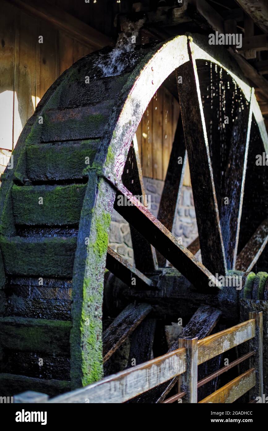 Close Up View of a Wooden Old Waterwheel, Lahaska, Peddlers Village, Bucks County, Pennsylvania, USA Stock Photo