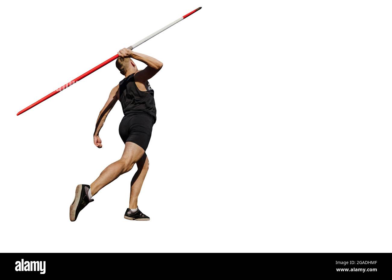 male thrower javelin throw isolated on white background Stock Photo
