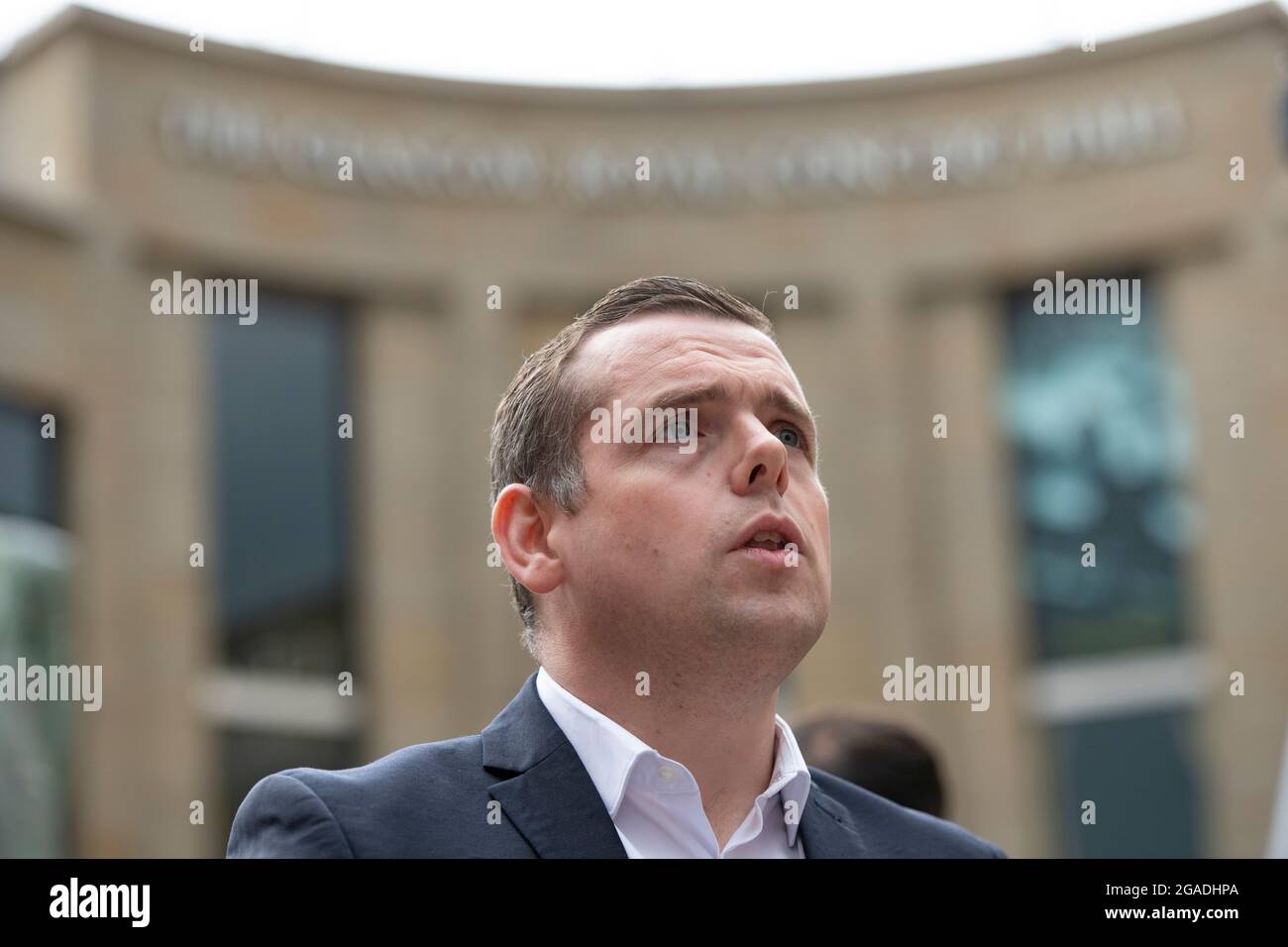 Glasgow, Scotland, UK. 30th July, 2021. PICTURED: Douglas Ross MP MSP, Leader of the Scottish Conservative and Unionist Party People speaking about their experiences of steps of Buchanan Street. Drug deaths in Scotland have increased to a new record peak for the seventh year in a row, according to “horrifying and heartbreaking” figures published today. The “shocking” news that 1,339 people died from drugs in 2020 means that Scotland's drug death rate remains by far the worst in Europe. Credit: Colin Fisher/Alamy Live News Stock Photo