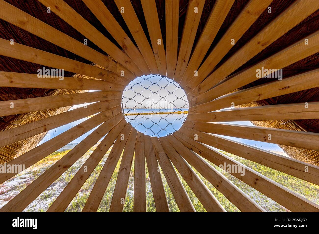 Abstract wooden construction Inside the Tij bird observatory for the Scheelhoek Nature Reserve. Completely ecologically built this is a unique place t Stock Photo