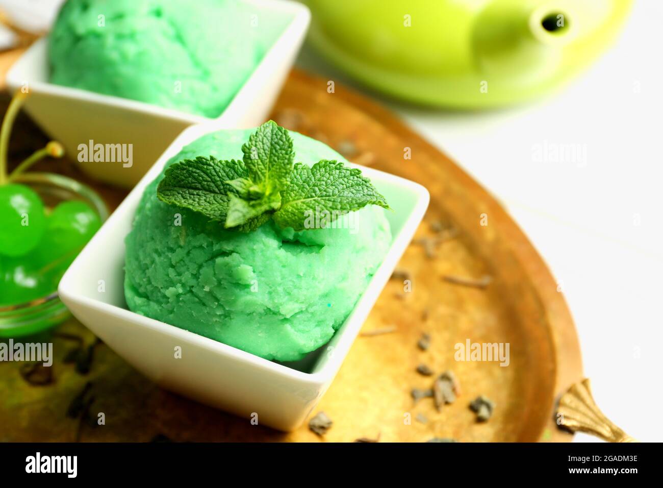 Homemade green tea ice-cream on light wooden background Stock Photo - Alamy