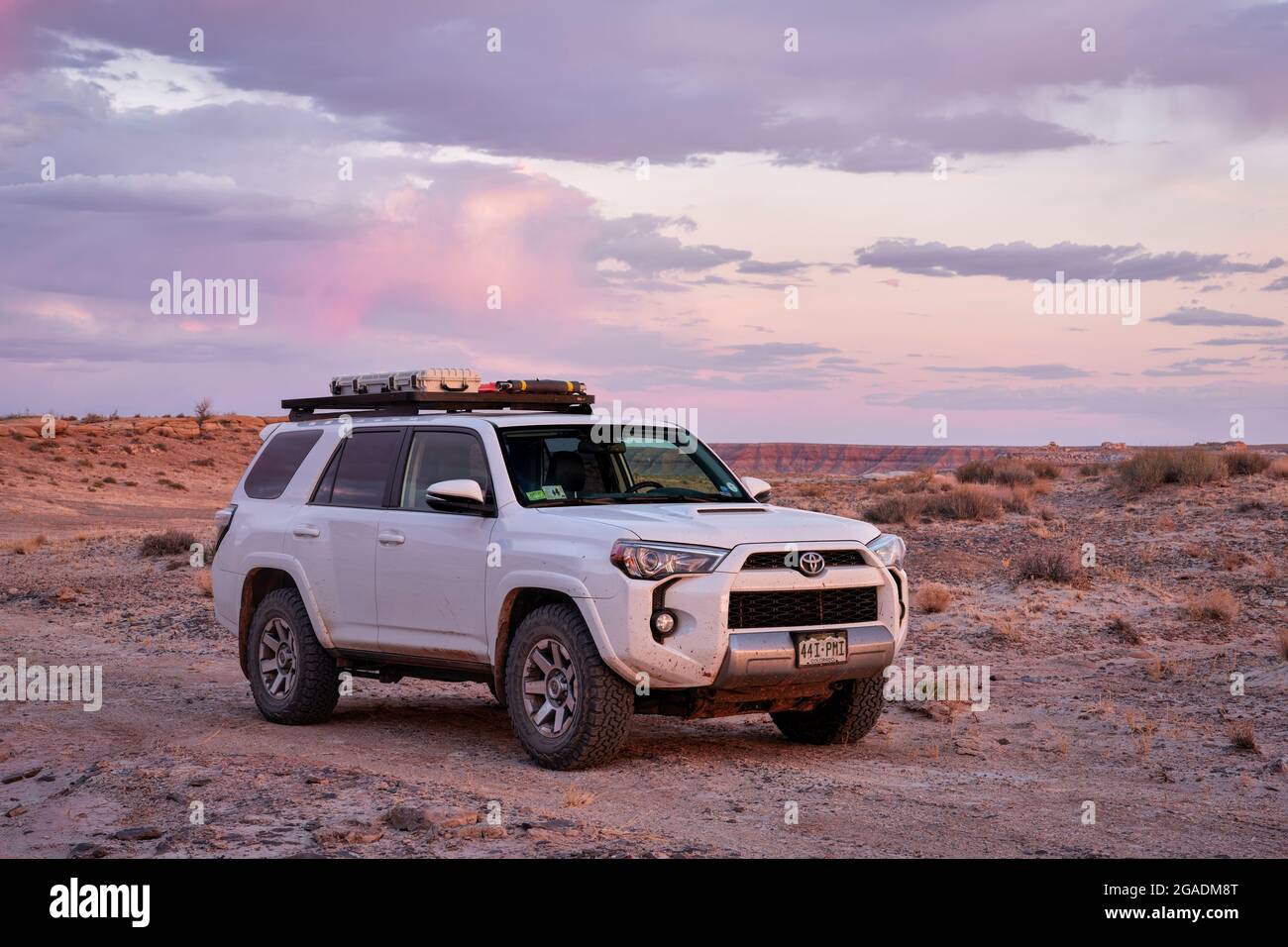 Green River, UT, USA May 18, 2021 Toyota 4Runner SUV (2016 Trail model) at dusk in rock