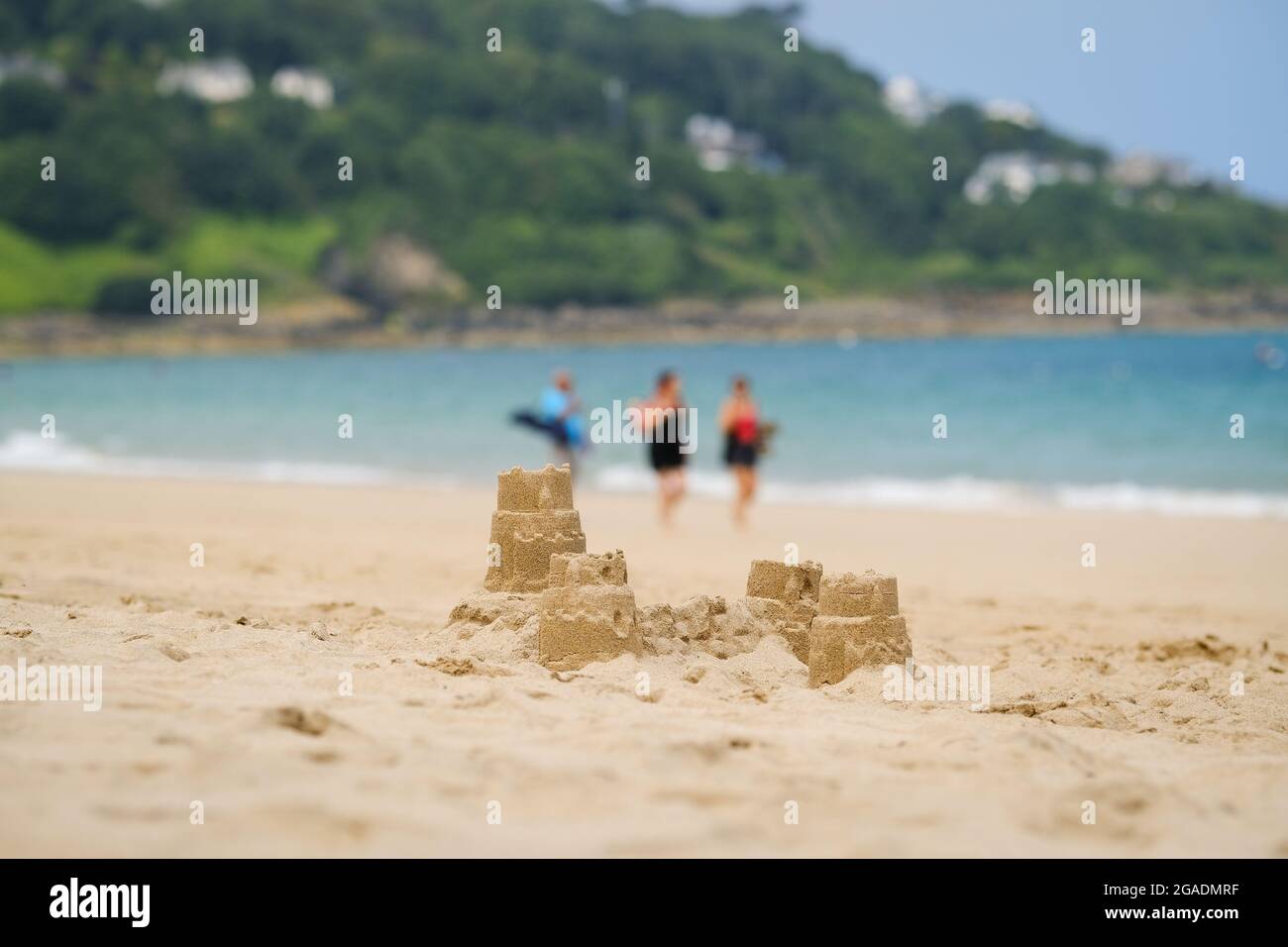 Sandcastles on the beach, Carbis Bay, Cornwall. Stock Photo