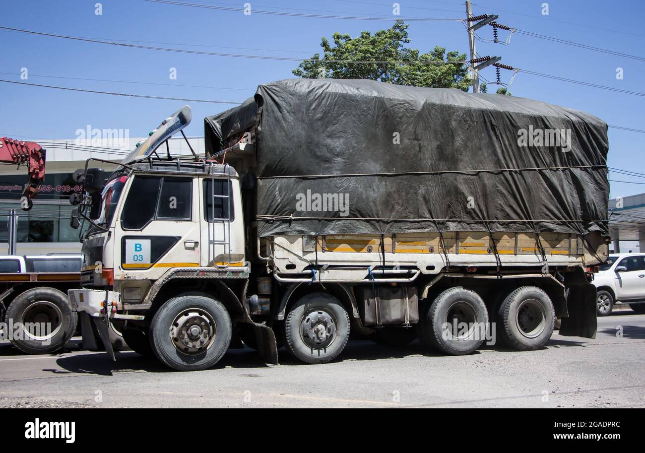 Chiangmai, Thailand -July 14 2021: Private Mitsubishi Fuso  Cargo Truck.  Photo at road no.121 about 8 km from downtown Chiangmai, thailand. Stock Photo