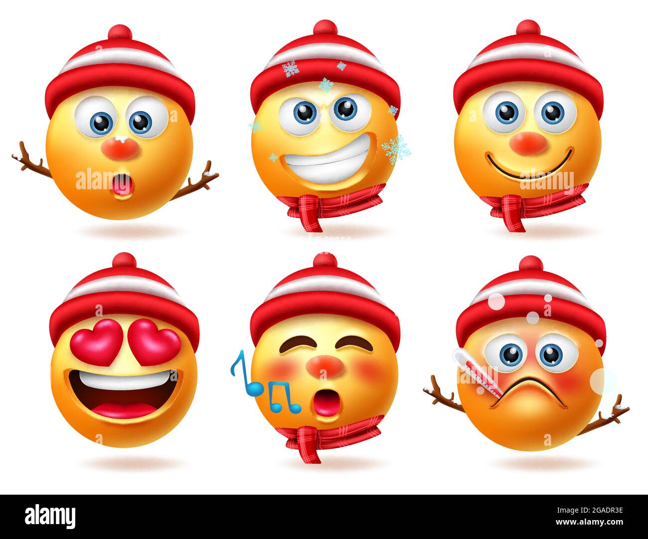 Snowman smiley christmas characters vector set. Snow man smileys 3d character in sick, inlove and singing facial expressions for winter xmas emoji. Stock Vector