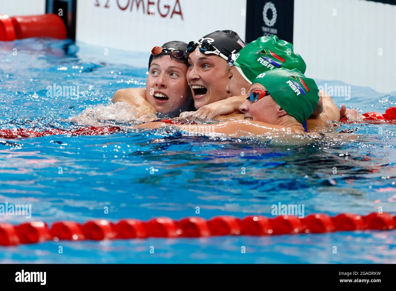 left to right Lilly KING (USA), 2nd place, silver medal, silver medal, silver medalist, silver medalist, Annie LAZOR (USA), 3rd place, bronze medal, bronze medal, bronze medalist, bronze medalist, Tatjana SCHOENMAKER (RSA), winner, winner, Olympic champion, 1st place, gold medal, gold medalist, Olympic champion, gold medalist, Kaylene CORBETT (RSA), cheers at the finish, jubilation, cheering, joy, cheers, winner, winner, Olympic champion, 1st place, gold medal, Gold Medalist, Olympic champion, Gold Medalist, Swimming, Women's 200m Breaststroke Final, Swimming Women's 200m Breaststroke Final, Stock Photo