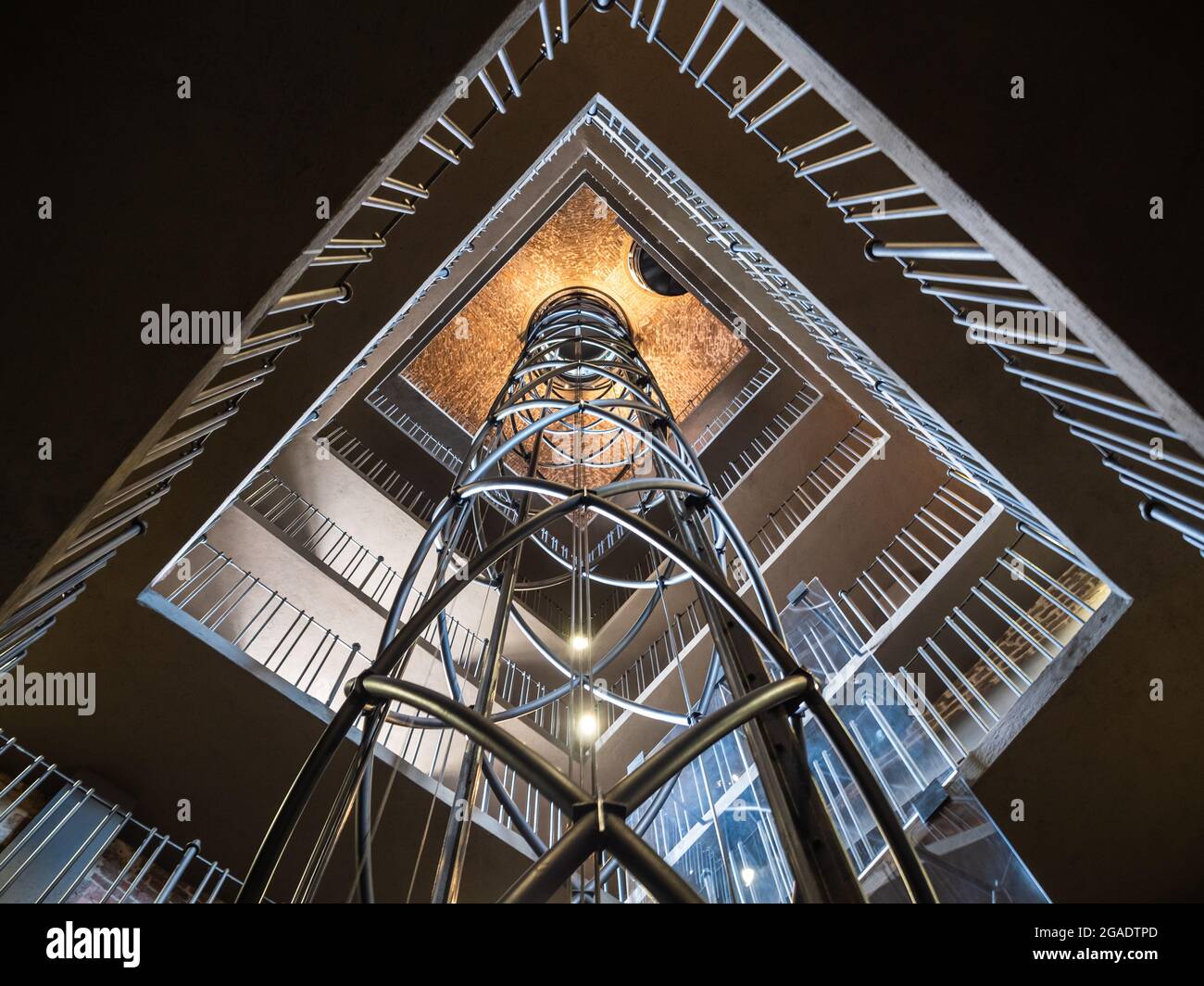 Prague, Czech Republic - July 3 2021: Old Town Hall Tower Elevator Vytah ve Vezi and Staircase in the Staromestska Radnice Stock Photo