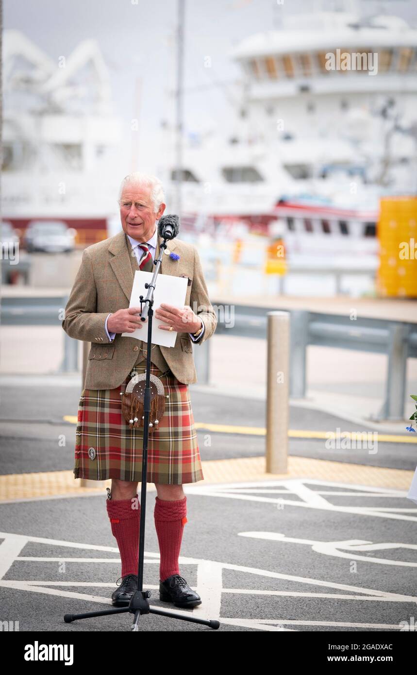 The Prince of Wales, known as the Duke of Rothesay when in Scotland, officially opens the Lerwick Harbour and Scalloway Fish Markets at Shetland Seafood Auctions Ltd at Lerwick Fishmarket, in Lerwick, Shetland, on the second day of a two-day visit to Scotland. Picture date: Friday July 30, 2021. Stock Photo