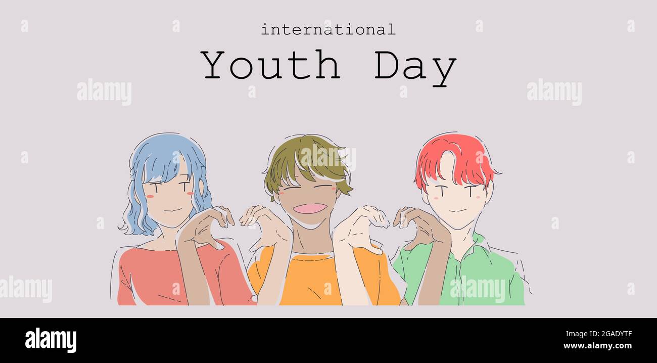 International Youth Day. Illustration in a flat style together for a holiday celebration. Illustration of three friends show a heart together. Illustr Stock Vector