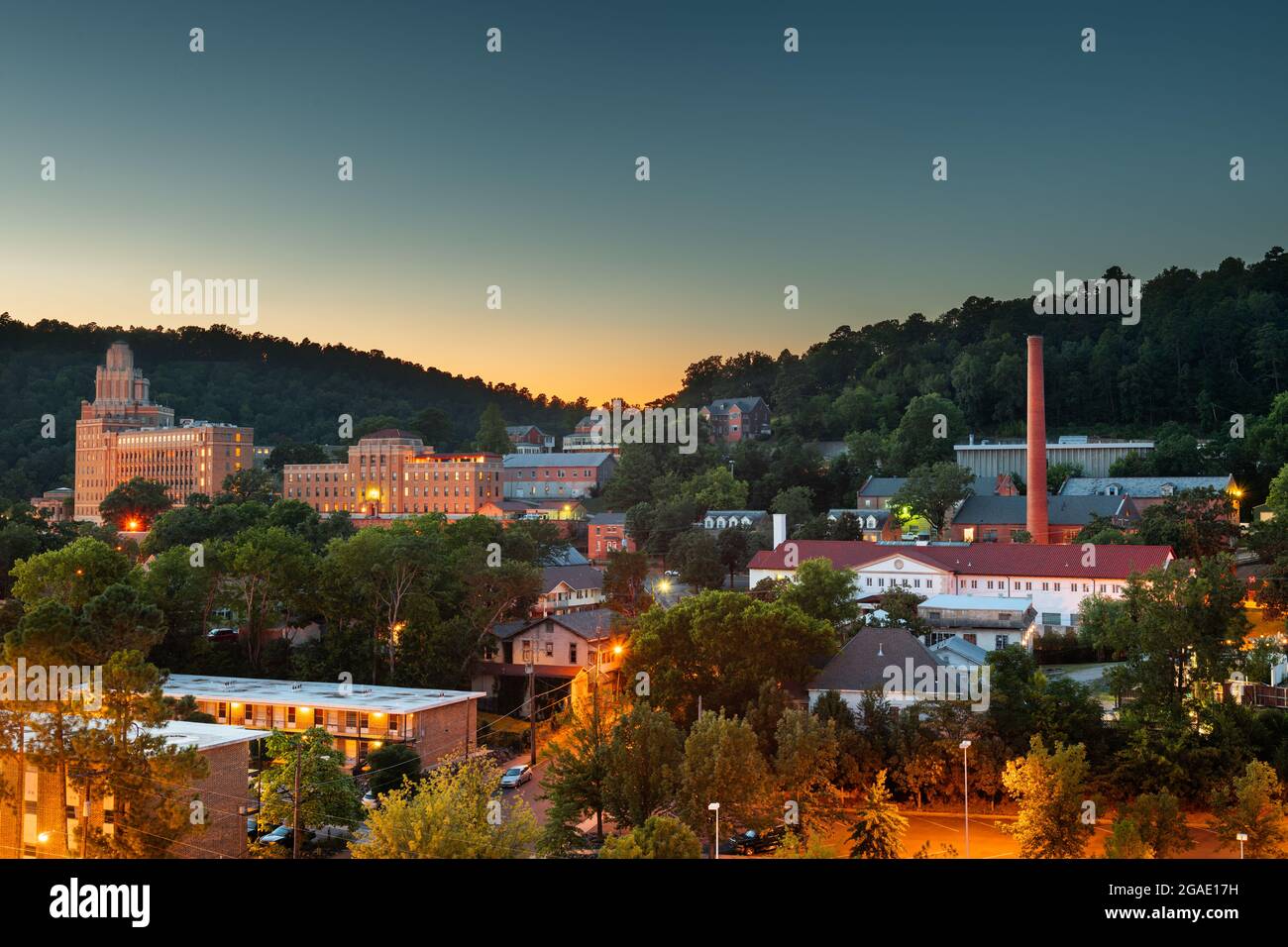 Hot Springs, Arkansas, USA town skyline from above at dawn. Stock Photo