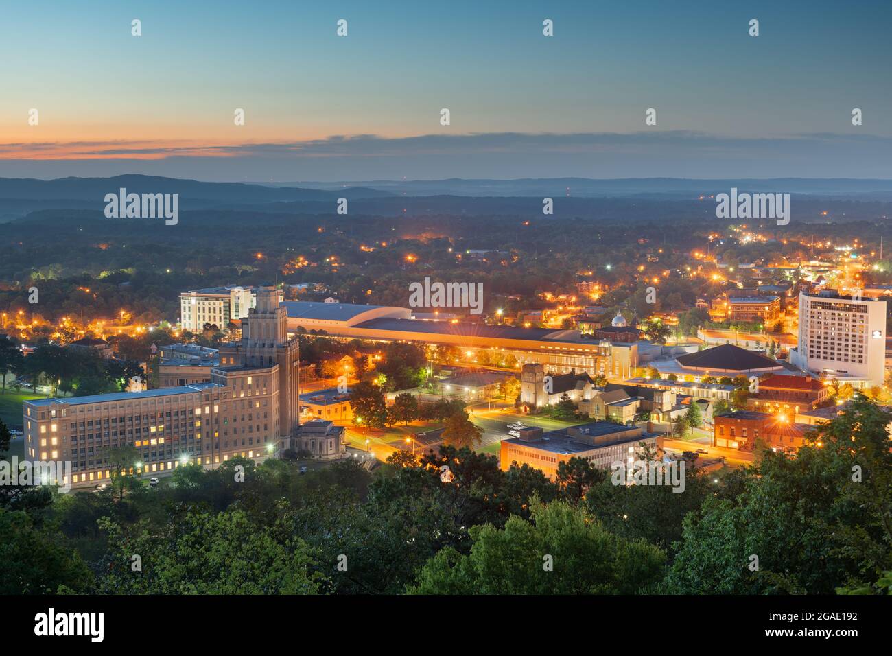 Hot Springs, Arkansas, USA town skyline from above at dawn. Stock Photo