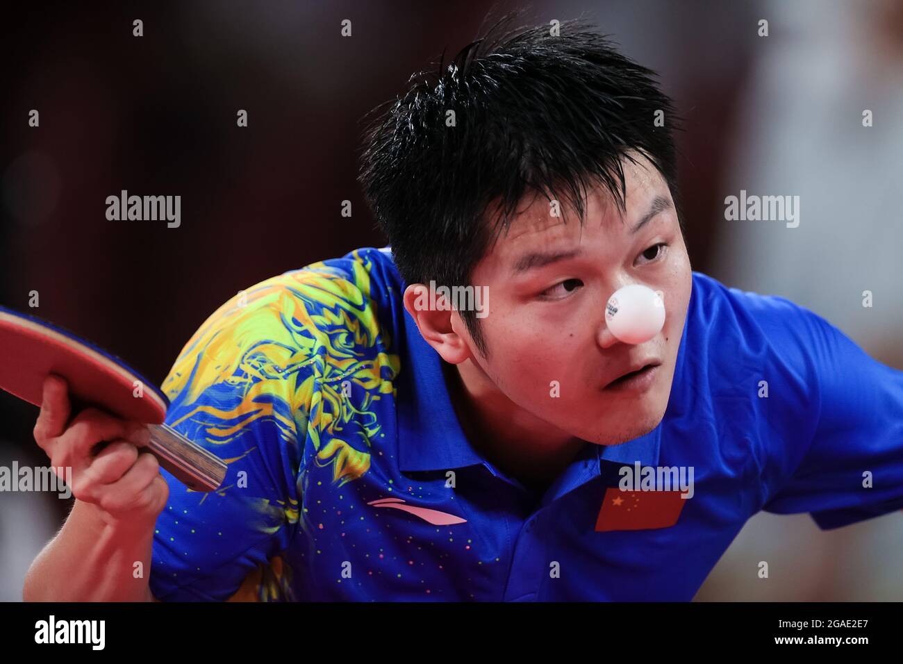 Tokyo, Japan. 30th July, 2021. Fan Zhendong serves during the Men's Table Tennis Singles Gold Medal Match between Fan Zhendong of China and Ma Long of China on Day 7 of the Tokyo 2020 Olympic Games. Credit: Pete Dovgan/Speed Media/Alamy Live News Stock Photo