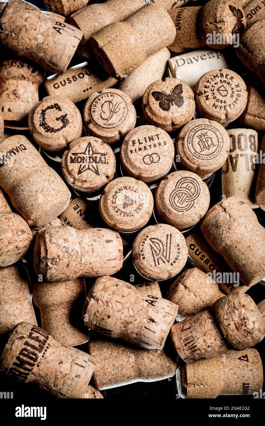 English sparkling wine corks from some of the top english wine producers. Stock Photo