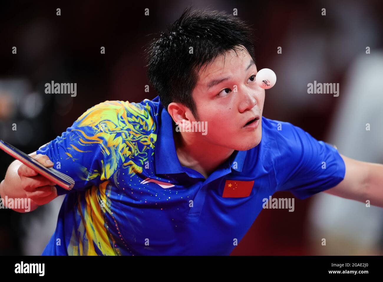 Tokyo, Japan. 30th July, 2021. Fan Zhendong serves during the Men's Table Tennis Singles Gold Medal Match between Fan Zhendong of China and Ma Long of China on Day 7 of the Tokyo 2020 Olympic Games. Credit: Pete Dovgan/Speed Media/Alamy Live News Stock Photo